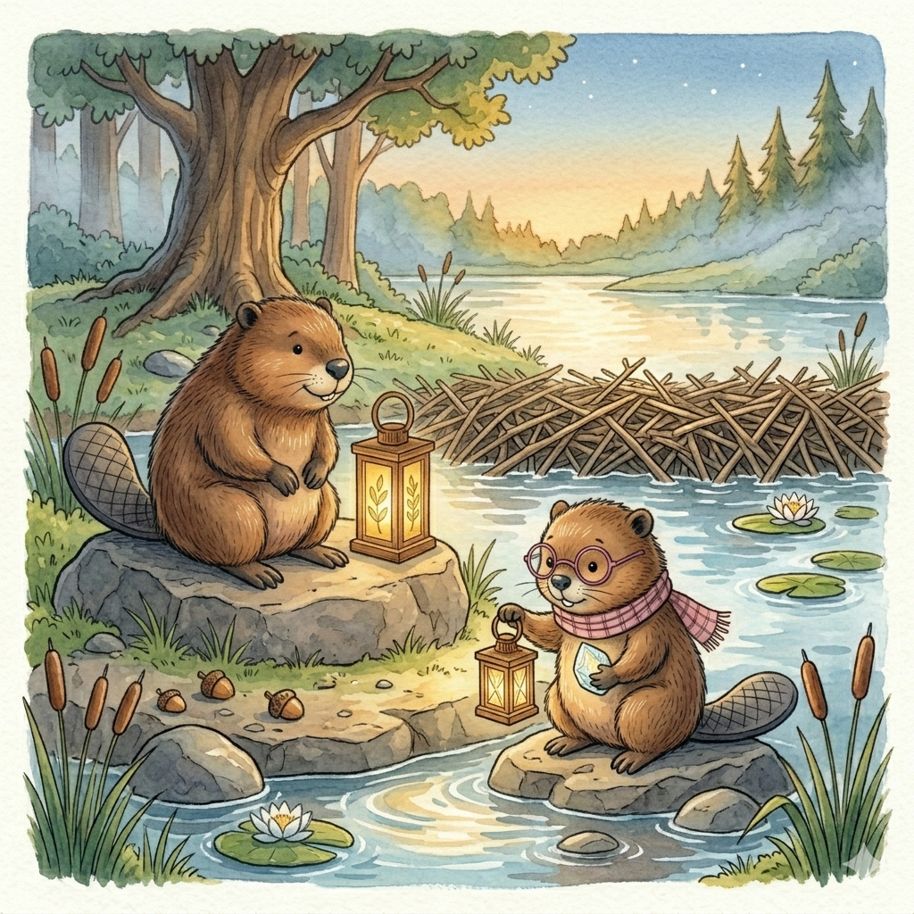 Illustrationsstil der Reihe — aus Band 2: Sophie und Papa am Damm mit Laterne