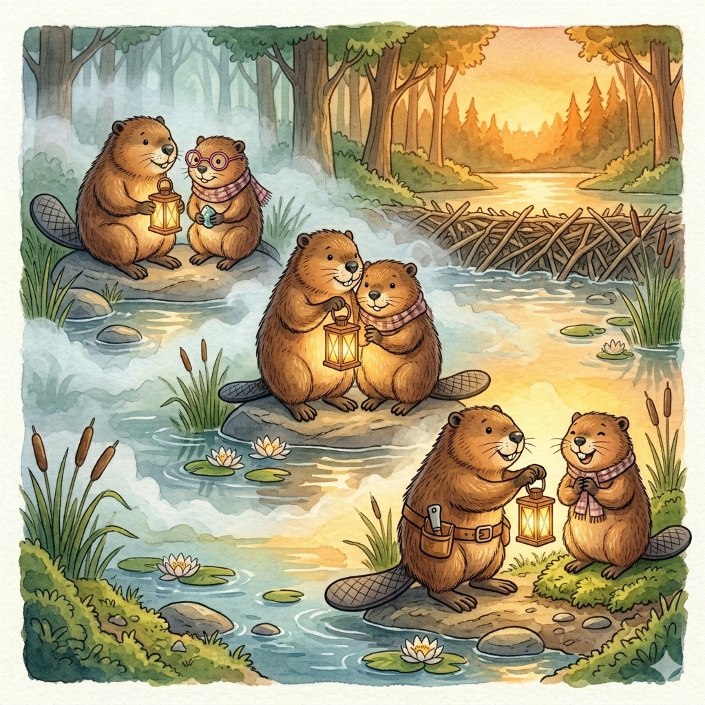 Illustration: Die Biberfamilie mit Laternen am Waldbach — der Nebel lichtet sich schrittweise über mehrere Besuche