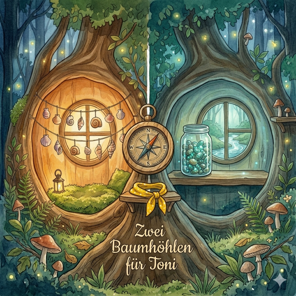 Illustration: Die zwei Baumhöhlen am Waldbach — Mamas Muscheln links, Papas Glitzersteine rechts, Zeiger in der Mitte