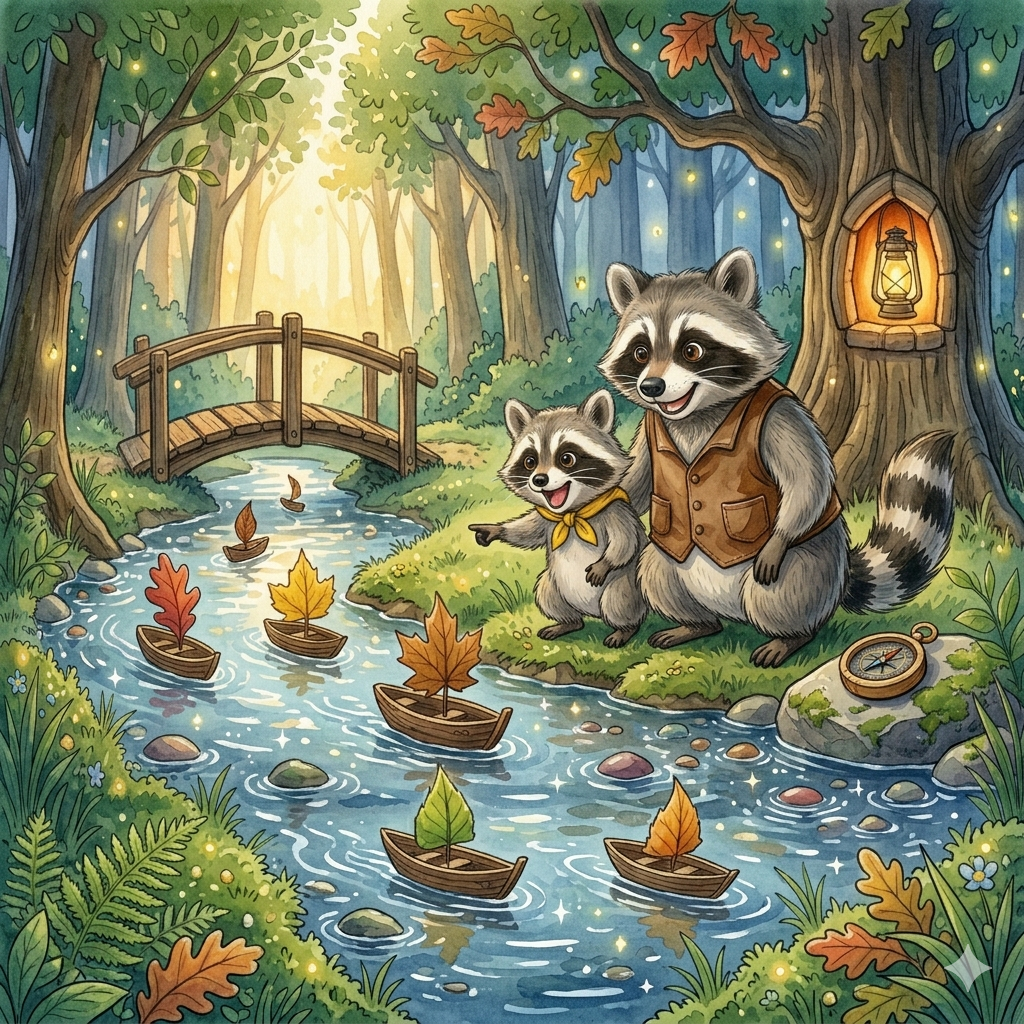 Illustration: Toni und Papa bauen Rindenboote und lassen sie den Bach hinuntertreiben