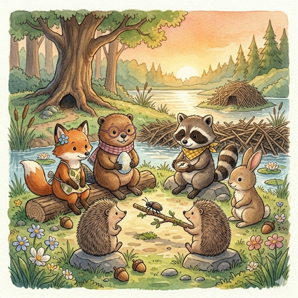 Die Waldkinder versammelt: Sophie, Toni, Leni und weitere Figuren im Morgenkreis beim Waldkindergarten am Waldbach